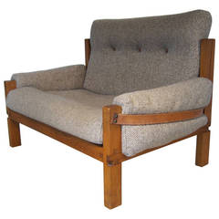 Oak, Leather and Wool Upholstery Sofa by Pierre Chapo, France, 1950