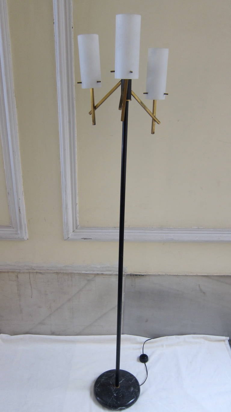 Brass, Marble Base Aad Opaline Glass Stilnovo Floor Lamp, Italy 1970s