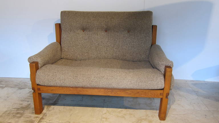 Oak, Leather and Wool Upholstery Sofa by Pierre Chapo, France, 1950