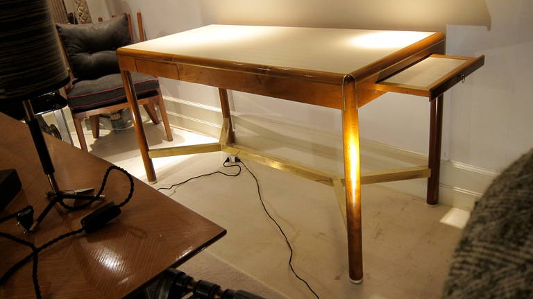 Fruit Wood, Parchment and Brass Writing Table, Italy 1950