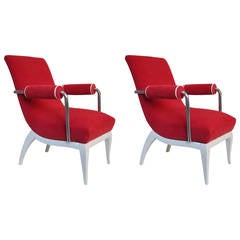 Rene Herbst Pair of Chrome Tube and Lacquered Wood Armchairs, France 1935