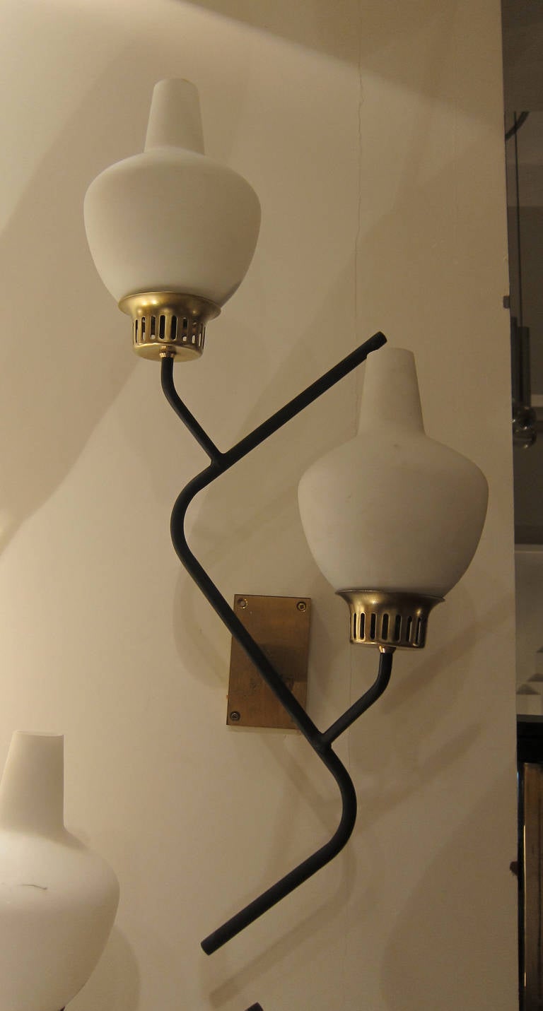Brass and Opaline Glass Italian pair of sconces by G.C.M.E, Model 424, Italy 60 For Sale 1