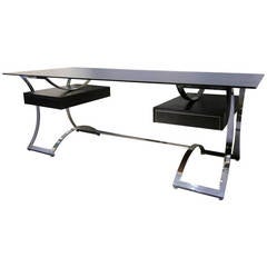 Chromed Steel, Leather and Glass Writing Table, France 1970
