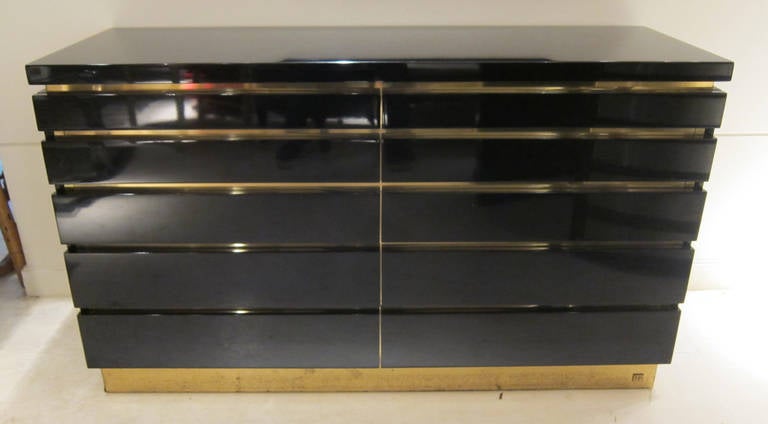 J.C. Mahey Black Lacquer and Brass Chest of Drawers, France 1970