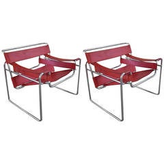 Marcel Breuer Pair of Wassily Red Leather Chairs, Italy, 1970