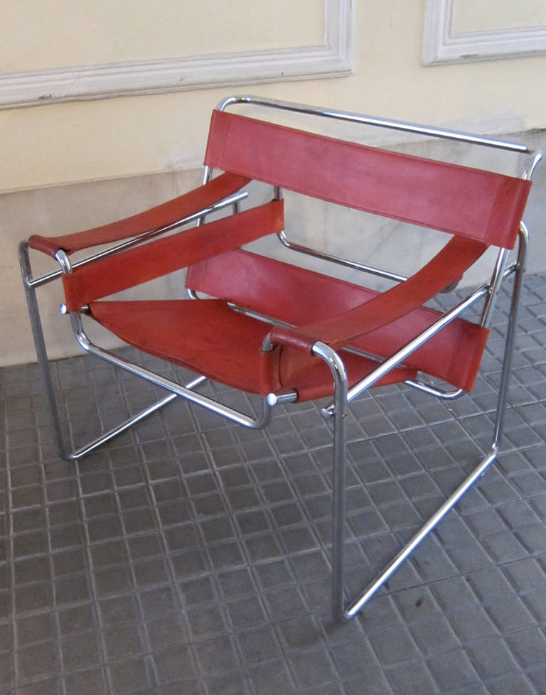 Italian Marcel Breuer Pair of Wassily Red Leather Chairs, Italy, 1970 For Sale