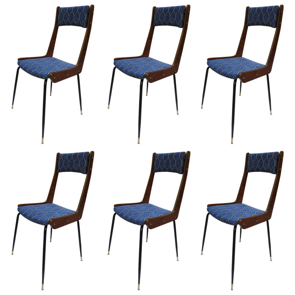 Sex chairs in rosewood and brass marquetry . Italy 60'