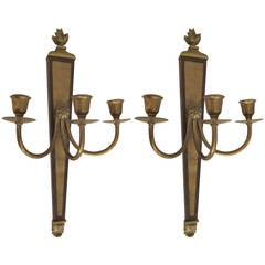 Antique Brass and Wood Pair of Wall Lights, Italy 19th Century