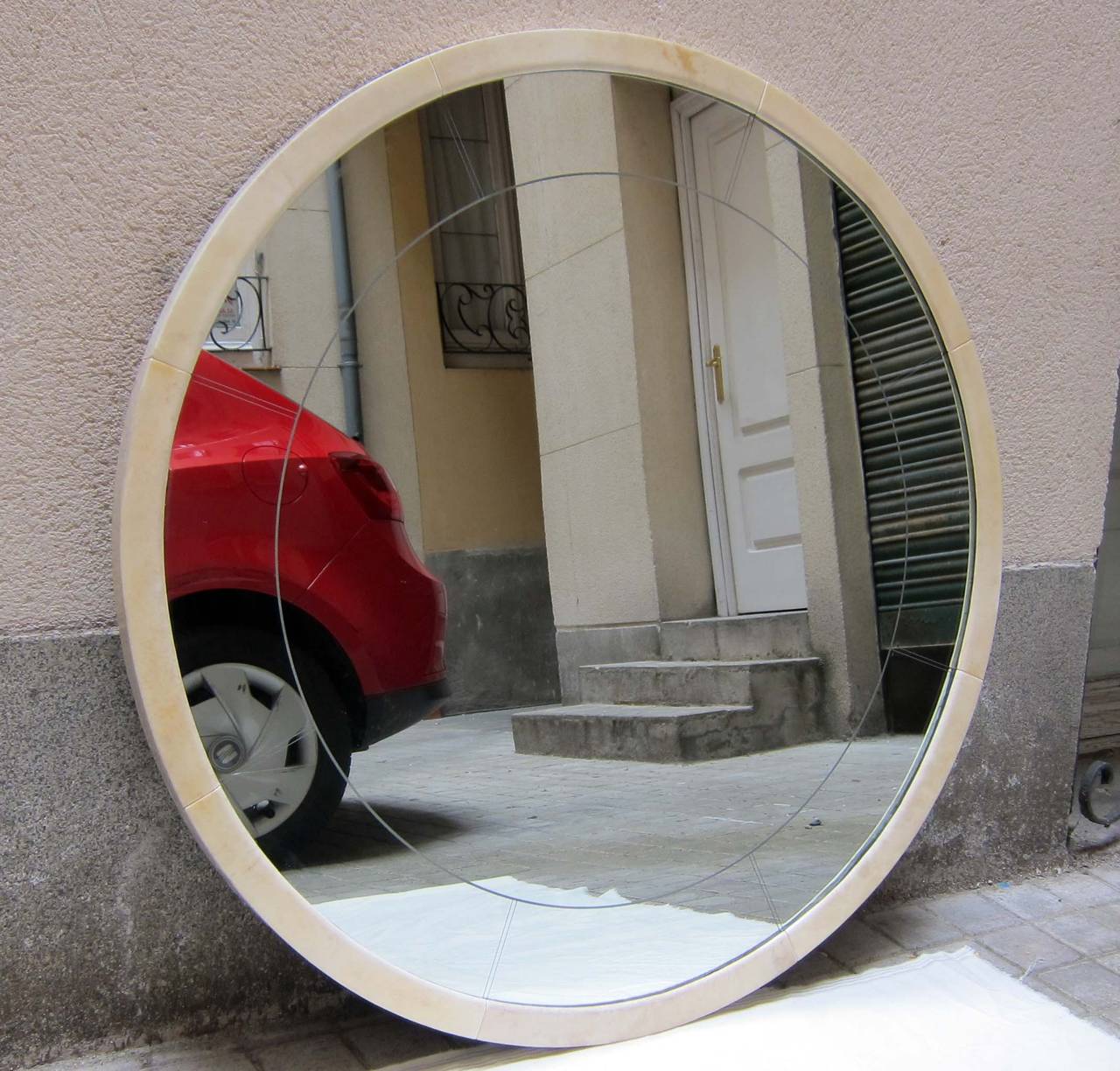 Parchment and frosted glass round mirror. Italy 60'