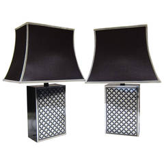 Silkscreened aluminum pair of table lamps. Italy 60'