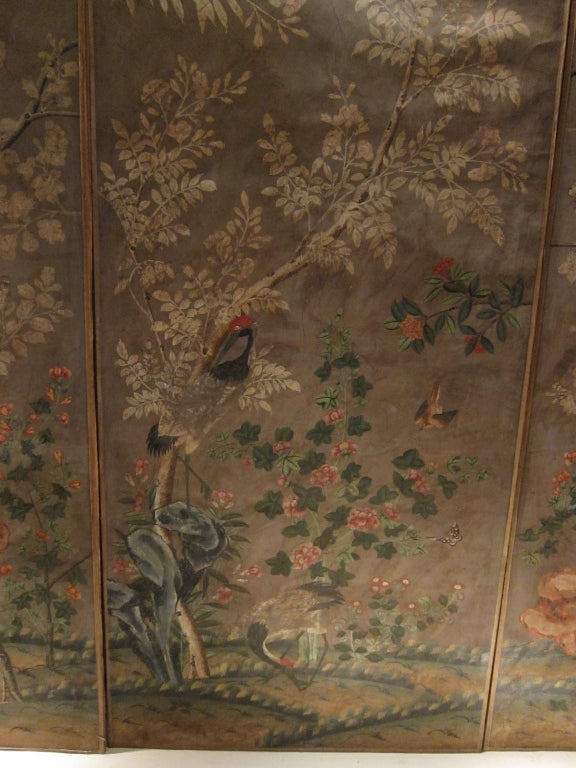 Very decorative 5 italian panels Piamontese chinese export, watercolour painted on rice paper paneled room. Italy XVIIIth century. Decorated with birds, peonis an almond trees.