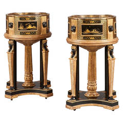 Pair of Black and Gilt Chinoiserie and Egyptian Motif Jardinières