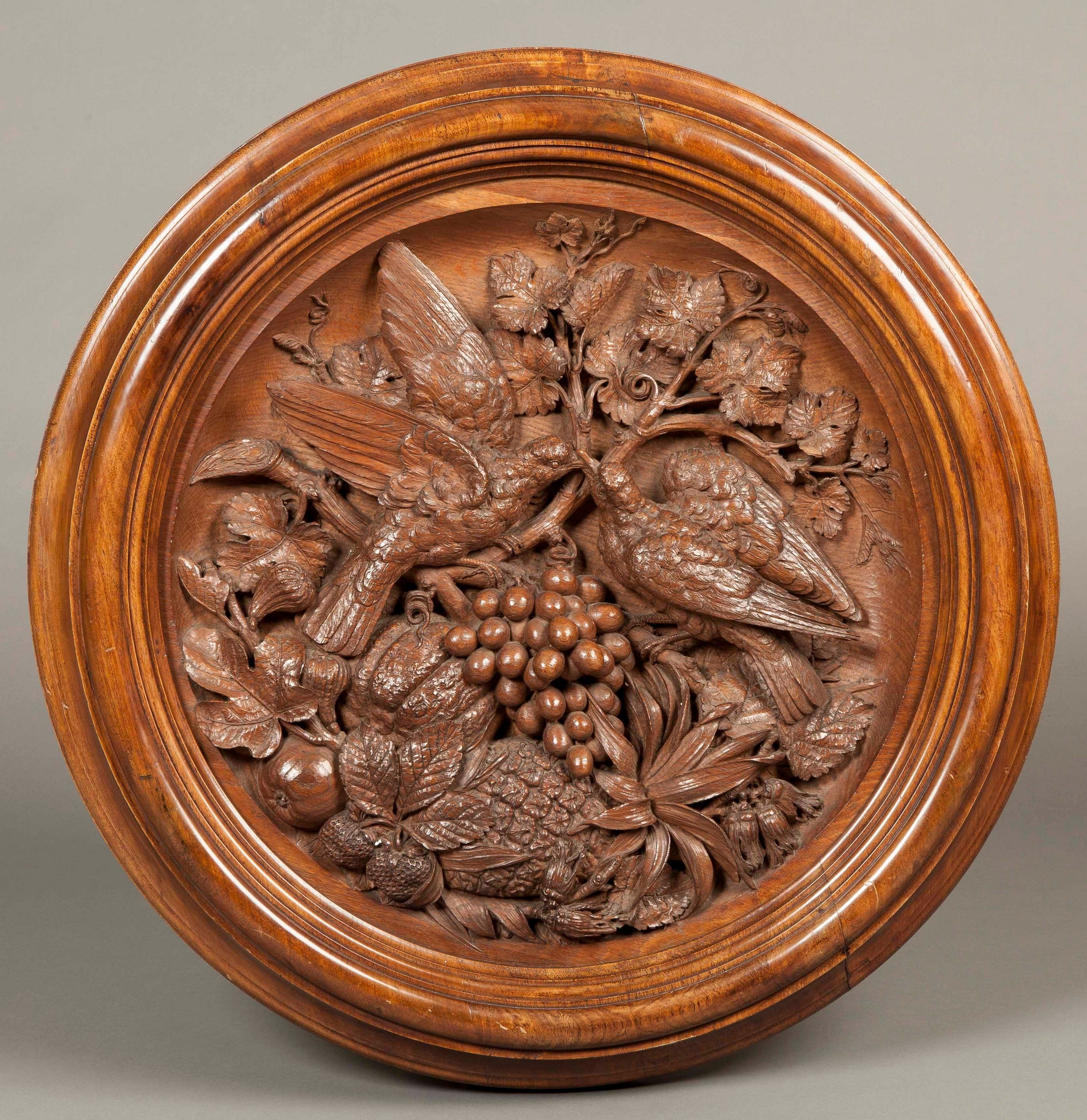 English Carved Walnut Wall Plaque of Birds and Fruit, 19th Century 