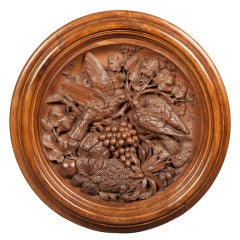 Antique English Carved Walnut Wall Plaque of Birds and Fruit, 19th Century 