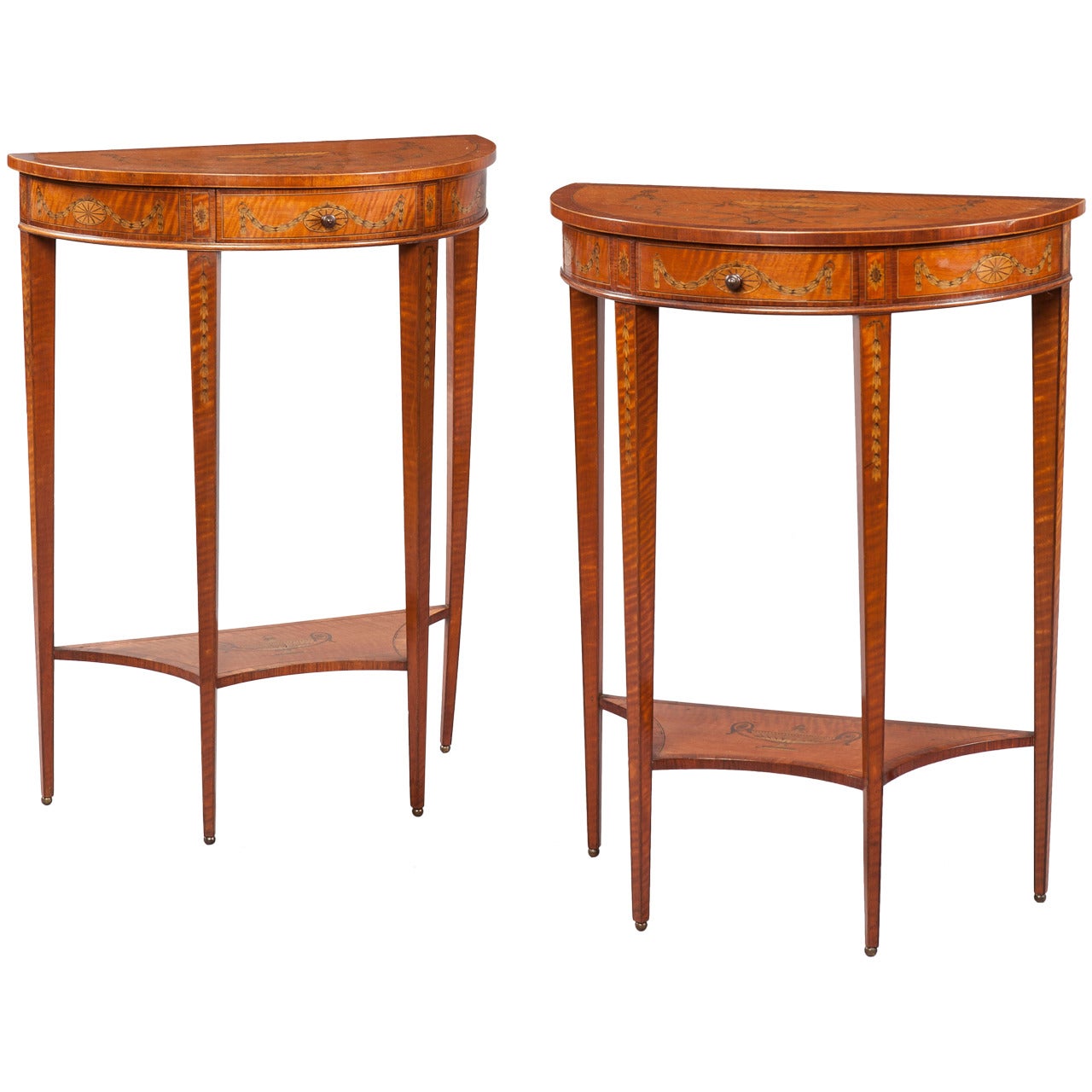 Pair of English Satinwood Console Tables in the Neoclassical Style For Sale
