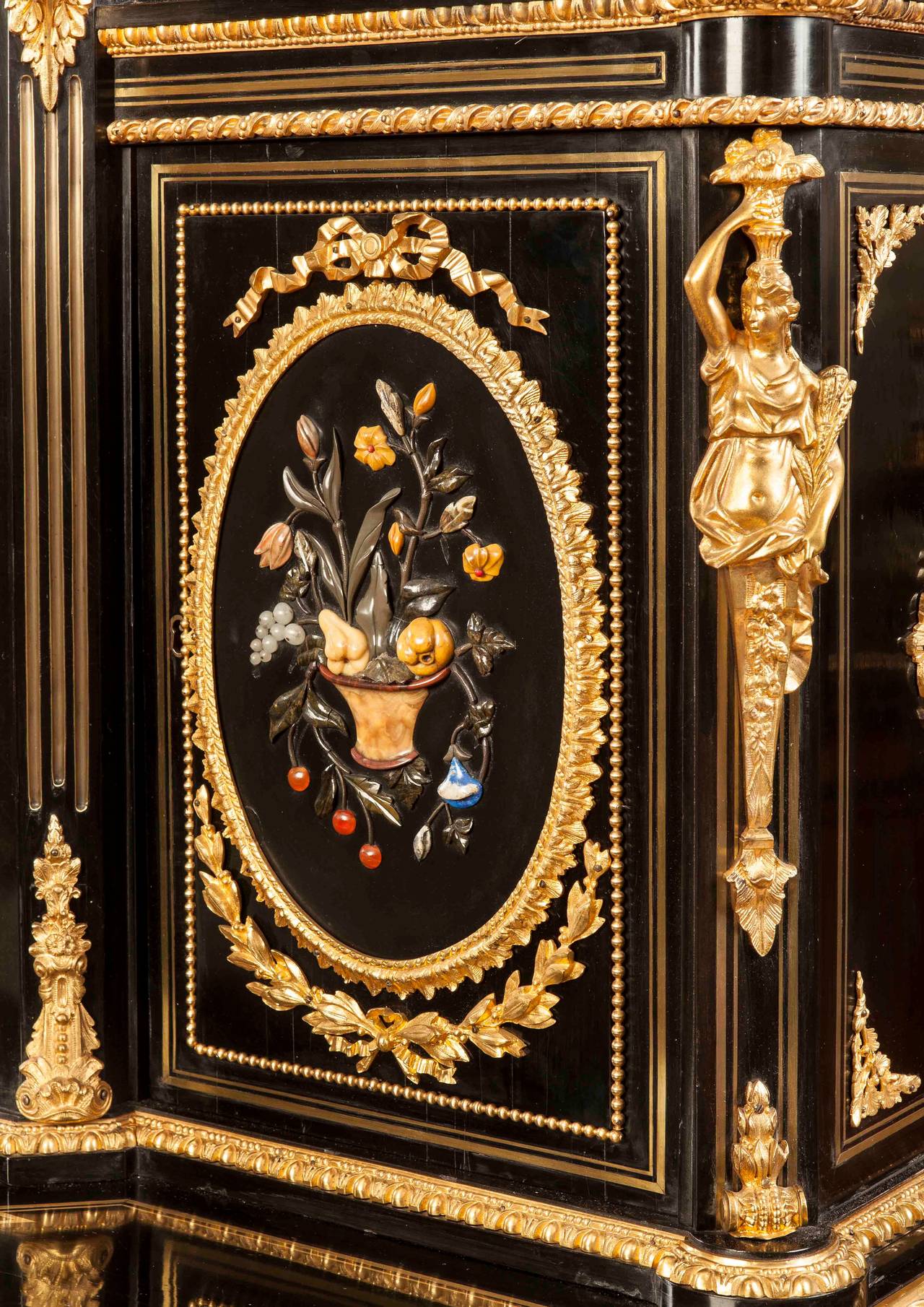 Empire French Ebonized and Hardstone Cabinet in the Italian Renaissance Style