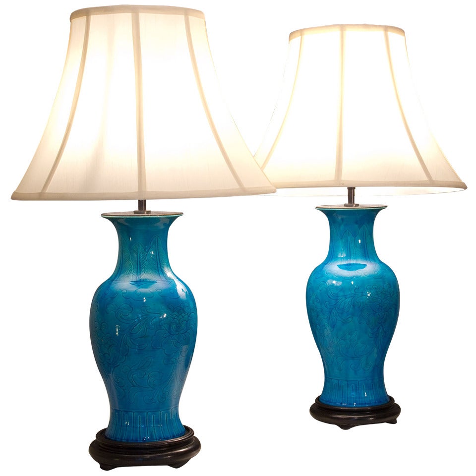 Pair of Chinese Turquoise Porcelain Table Lamps