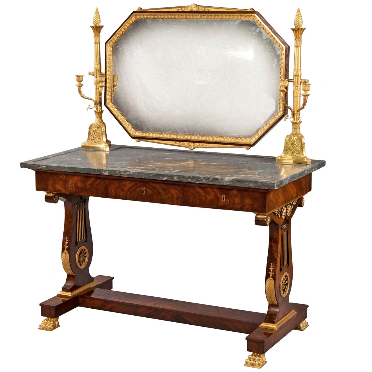 19th Century French Empire Mahogany, Gilt and Marble Topped Dressing Table