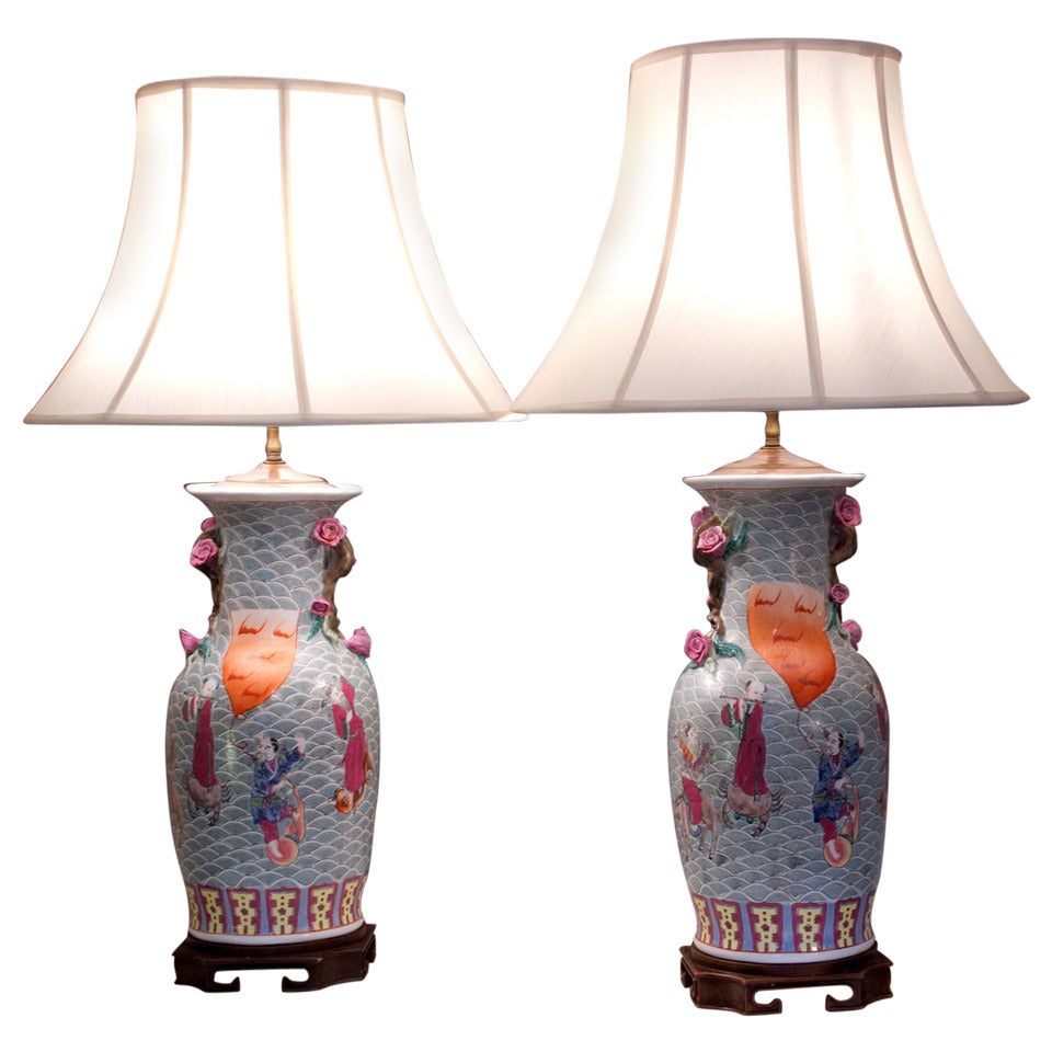Pair of Blue & Orange Colour Chinese Lamps Hand Decorated with Court Scenes For Sale