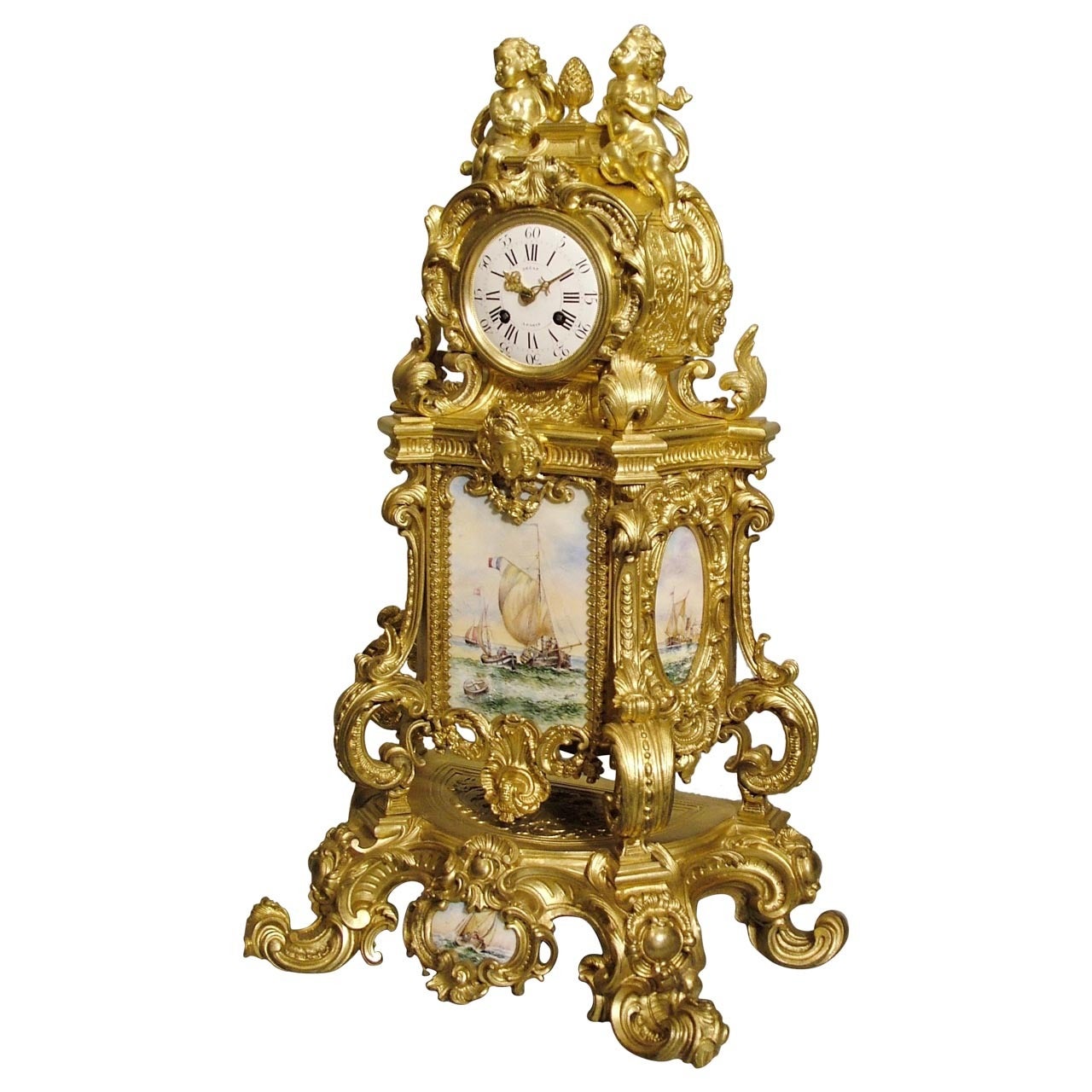 French 19th Century Gilt Bronze Mantle Clock with Nautical Scenes