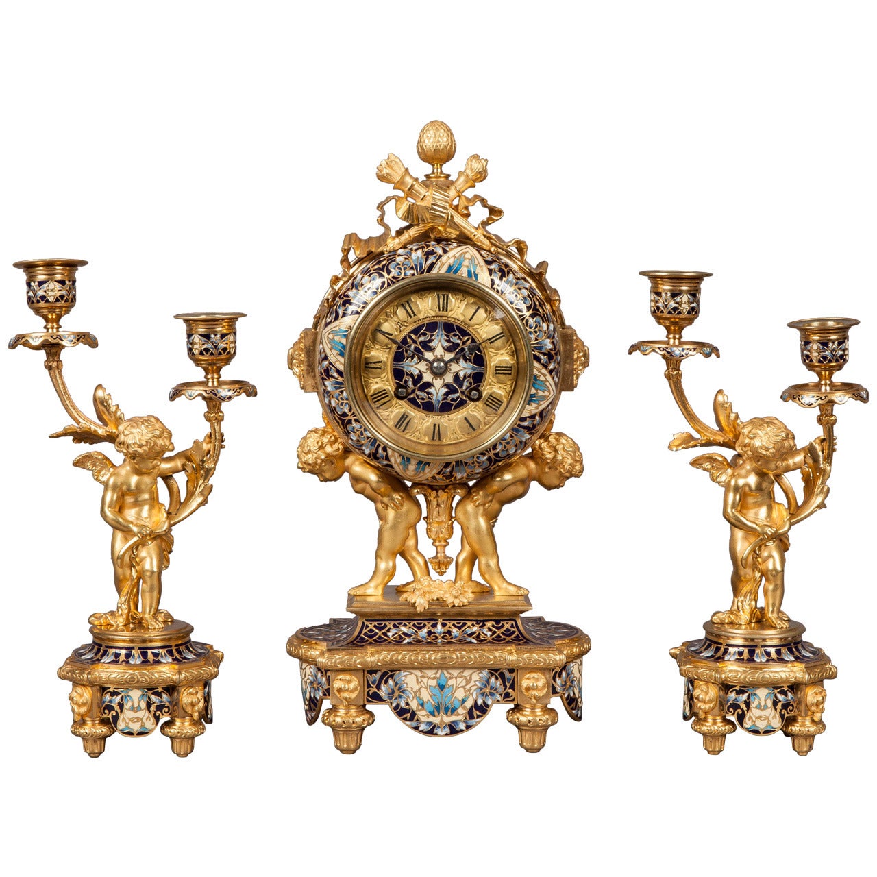 French Mantle Clock Garniture in the Louis XVI Manner For Sale