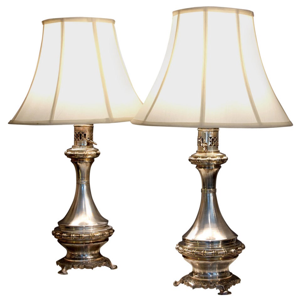 Pair of Antique Silver Plated Bronze Lamps For Sale