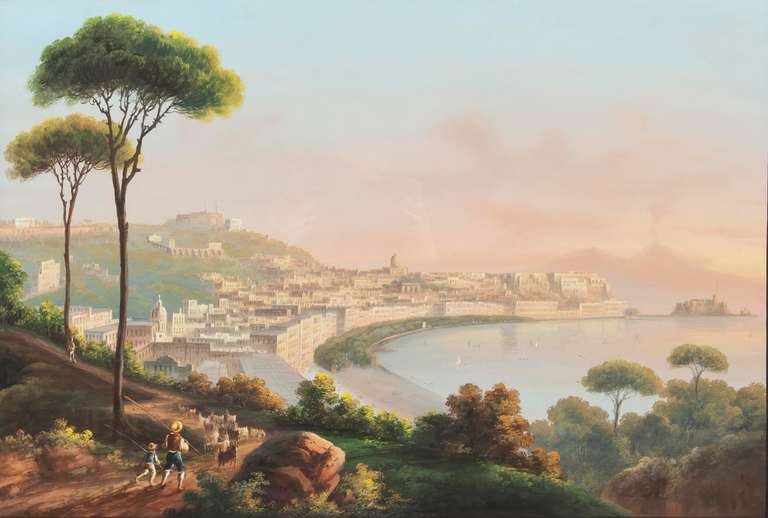 Of unusually large size, and well executed, the gouaches depict views of the Bay of Naples with Vesuvius in the background, from Camaldoli, site of a monastery erected in the 16th century, and Posilipo, reputedly once the home of Virgil. 