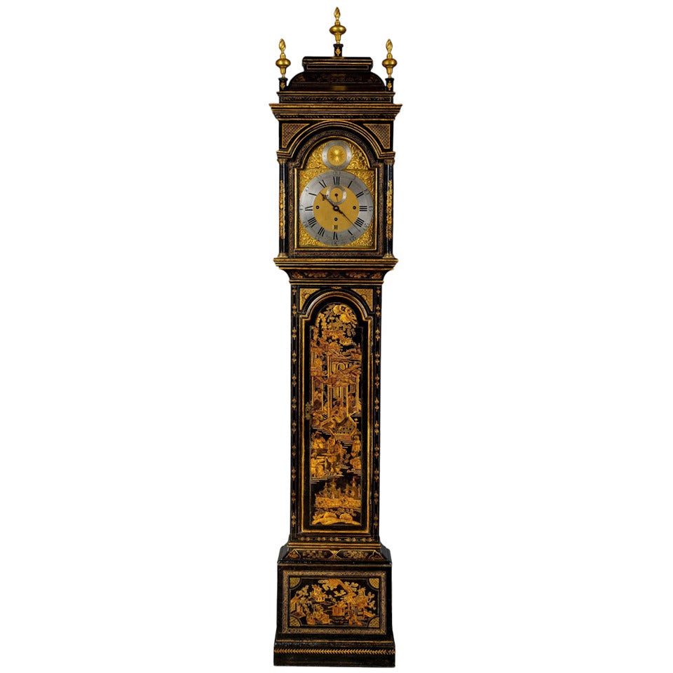 18th Century Chinoiserie Black Lacquer Longcase Clock 