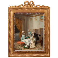 Used 19th Century Interior Scene Painting of "The Visitors" by Ignace Spiridon 