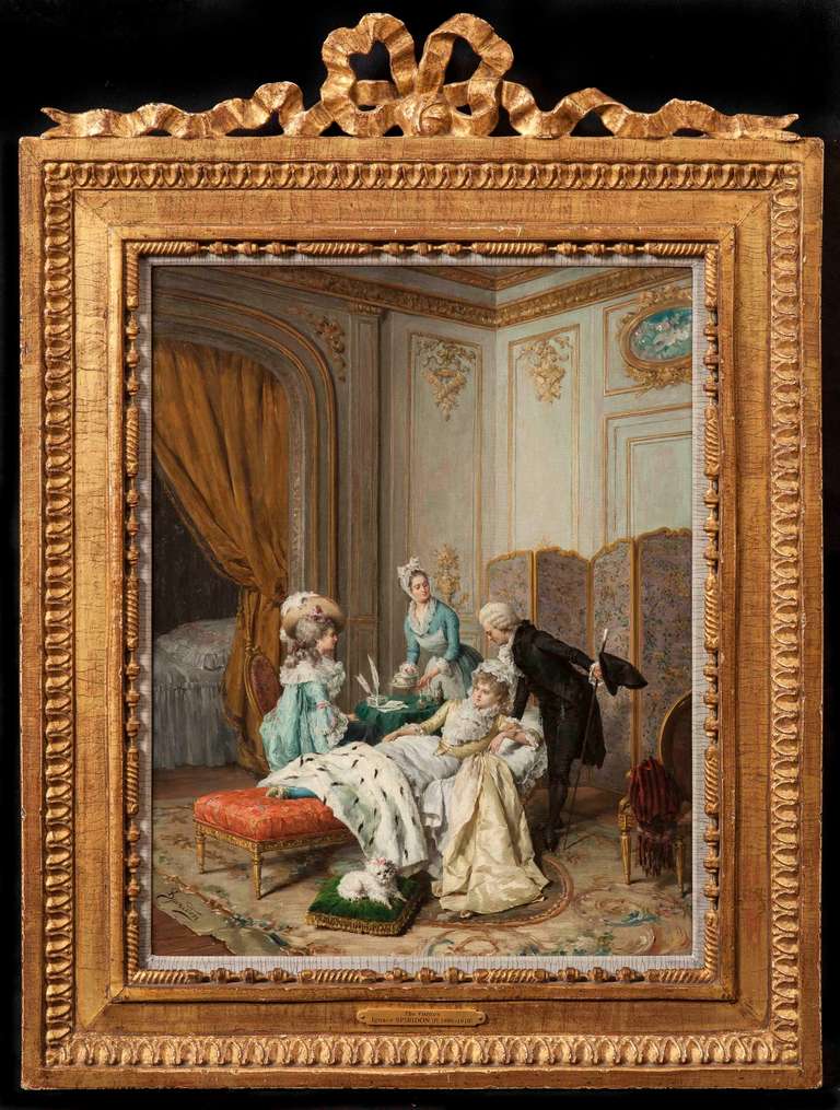Oil on board, signed lower left. Depicts a lavish interior scene with figures visiting a resting lady with a fur blanket. 

Ignace Spiridon (active 1869-1900)

Literature: Honourable mentions were accorded Spiridon in both the Paris Universelle