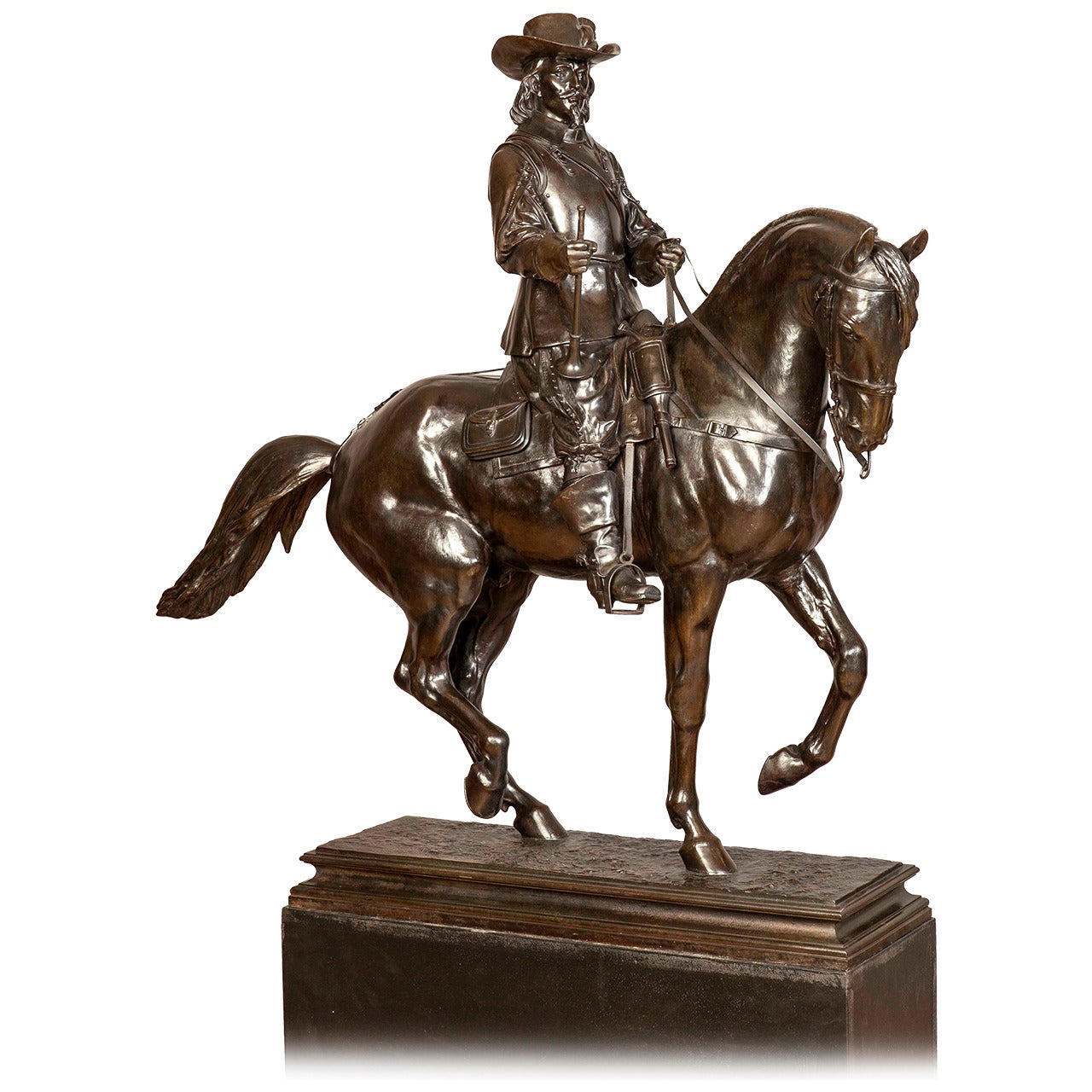 Large Antique Bronze Equestrian Statue with Musketeer