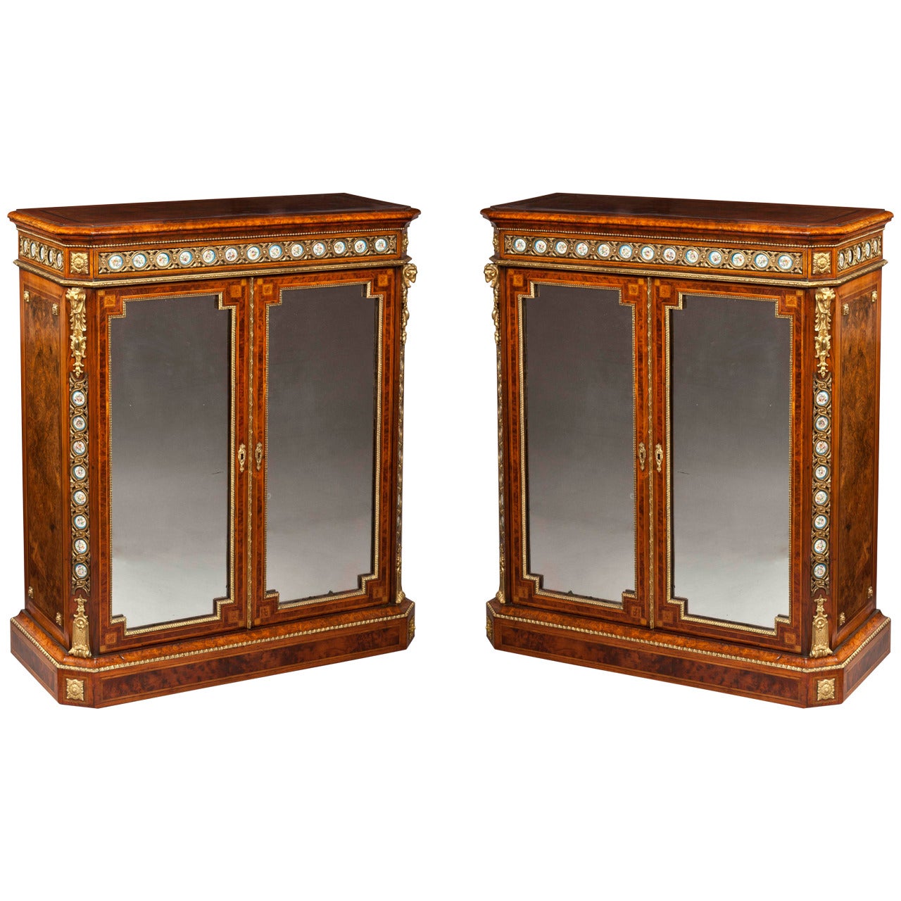 Pair of English Side Cabinets with Mirrored Doors and Inset Floral Porcelain