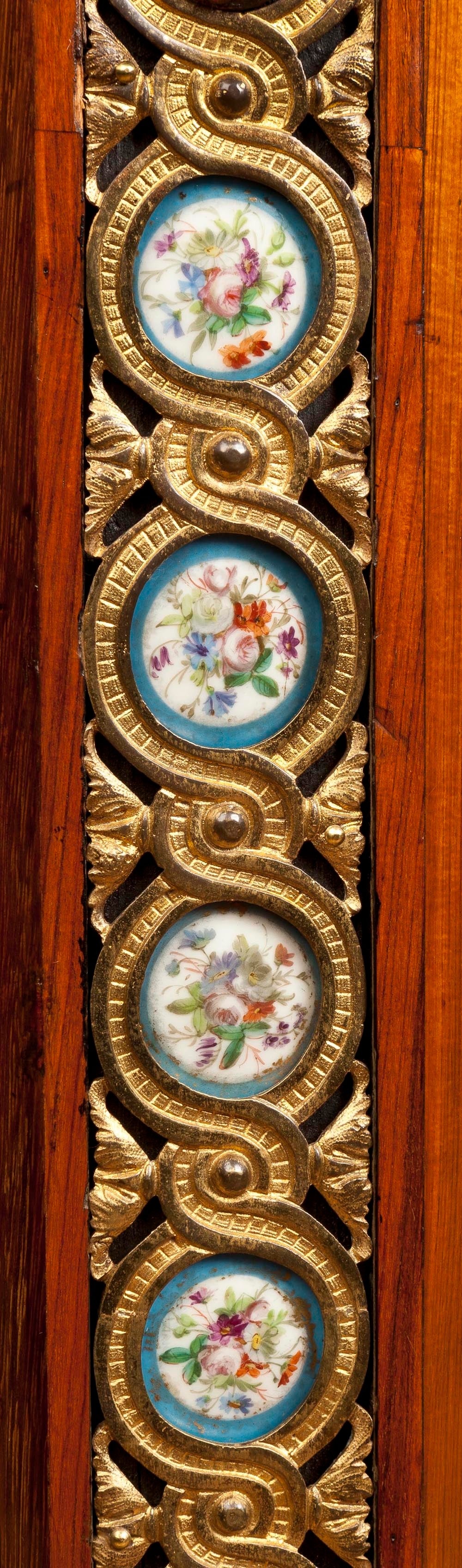 Louis XVI Pair of English Side Cabinets with Mirrored Doors and Inset Floral Porcelain