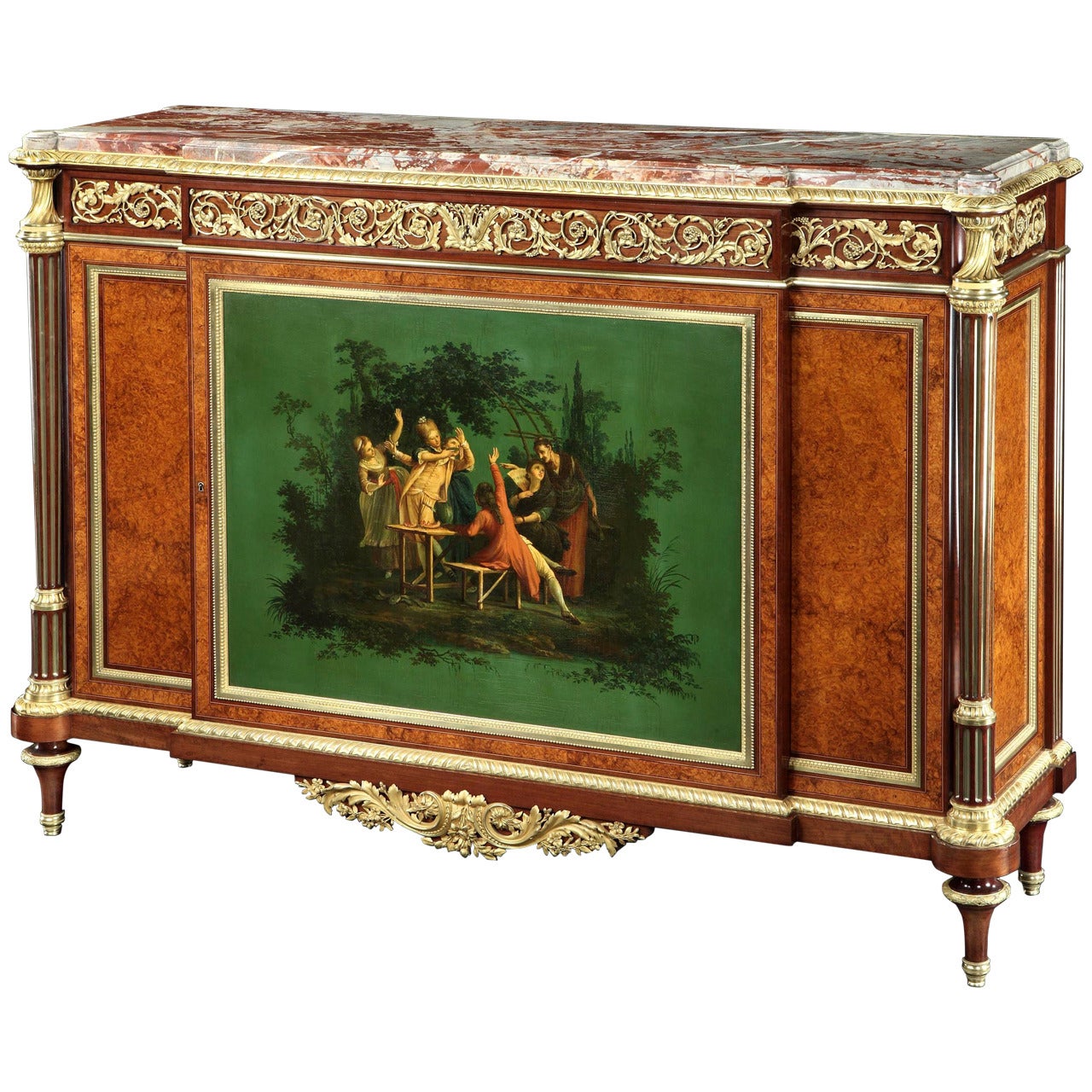 French Side Cabinet with Court Scene in Vernis Martin by Henry Dasson