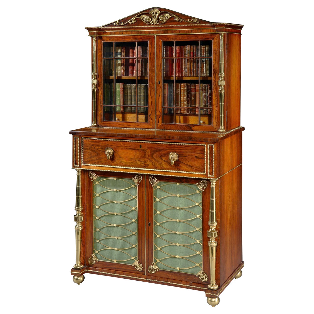 English Regency Period Goncalo Alves and Gilt Brass Secretaire Bookcase For Sale