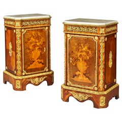 Pair of French 19th Century Floral Marquetry Side Cabinets with Marble Tops