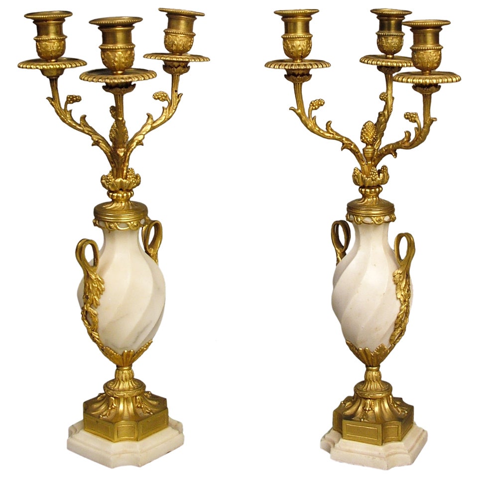 Pair of French White Carrara Marble and Gilt Candelabra, 19th Century For Sale