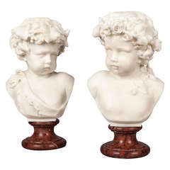 Pair of Antique Marble Busts of Putti, Signed Bienaimé