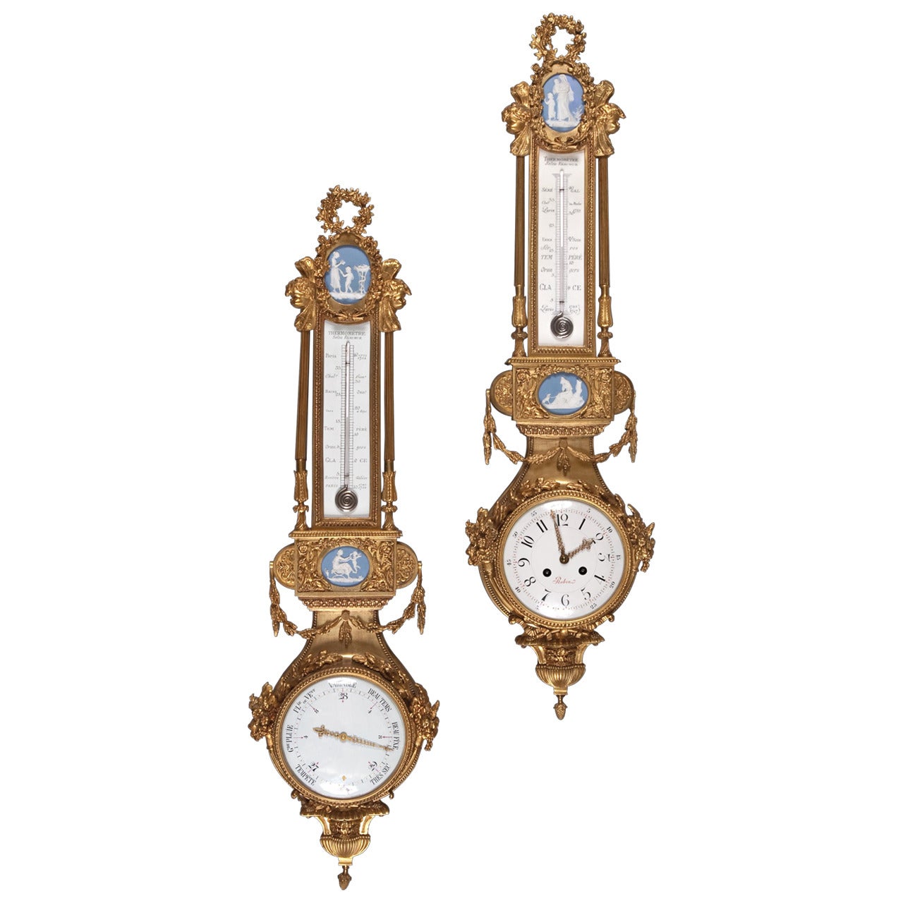 French Gilt Bronze and Blue and White Jasperware Clock and Barometer Set For Sale