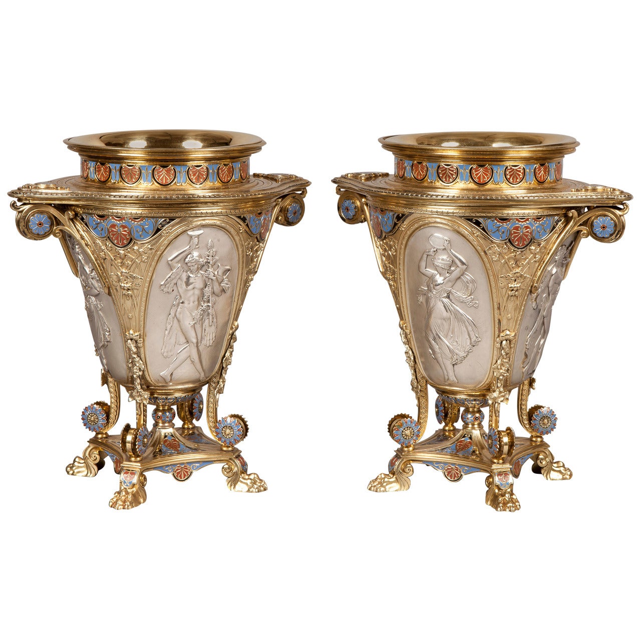 Pair of Parcel Gilt Silver and Enamelled Wine Coolers by Elkington