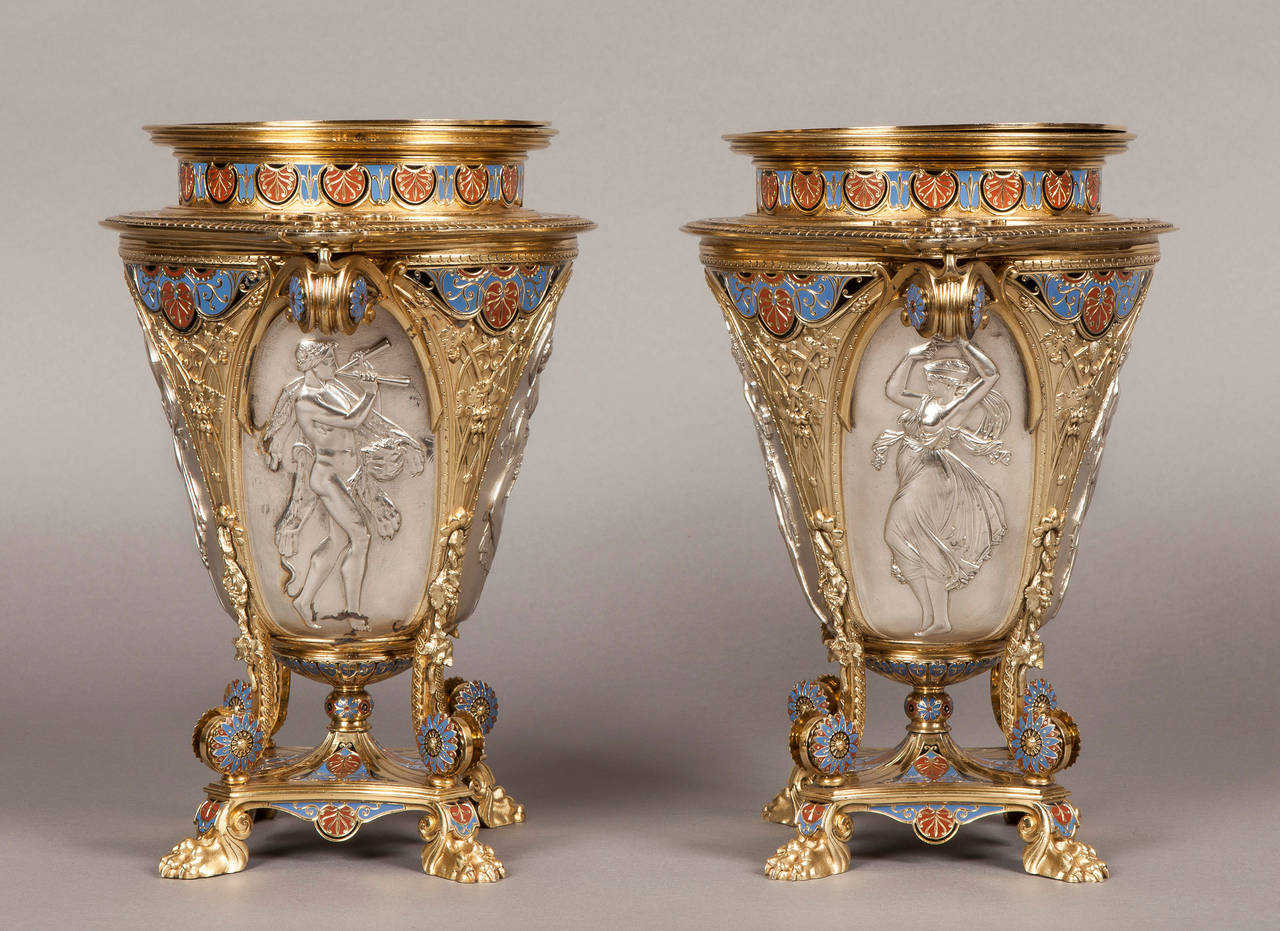 Mid-19th Century Pair of Parcel Gilt Silver and Enamelled Wine Coolers by Elkington