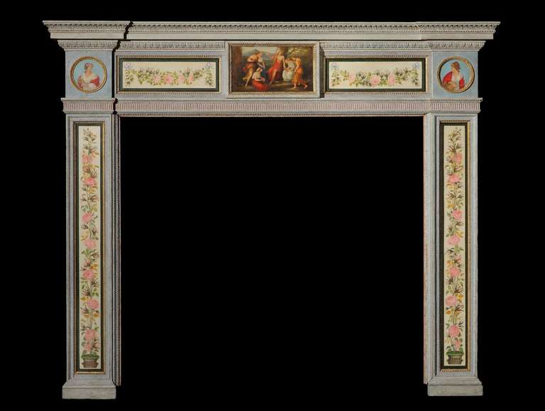 A rare and highly decorative chimney piece in the manner of George Brookshaw

The frame carved part gilded and polychrome decorated, with the inverted breakfront top shelf having a running carved foliate decoration; the frieze having to the centre