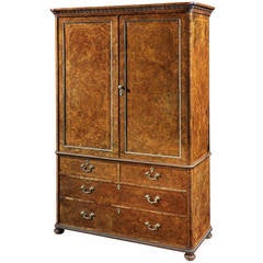 19th Century English Burr Walnut and Ormolu Linen Press