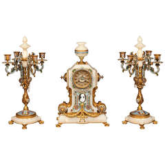 French Onyx and Enamel Clock and Candelabra Set of the Napoleon III Period
