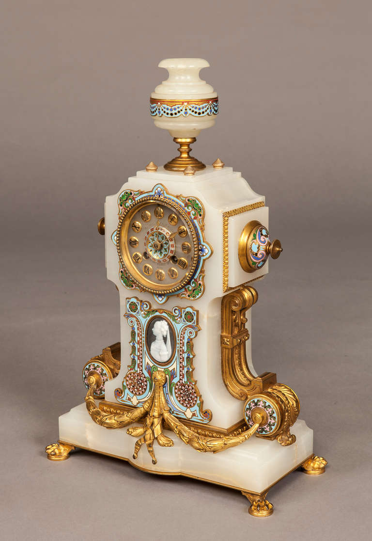 French Onyx and Enamel Clock and Candelabra Set of the Napoleon III Period In Excellent Condition In London, GB