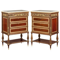 Pair of Mahogany, Gilt and Marble Topped Chest of Drawers in the French Style
