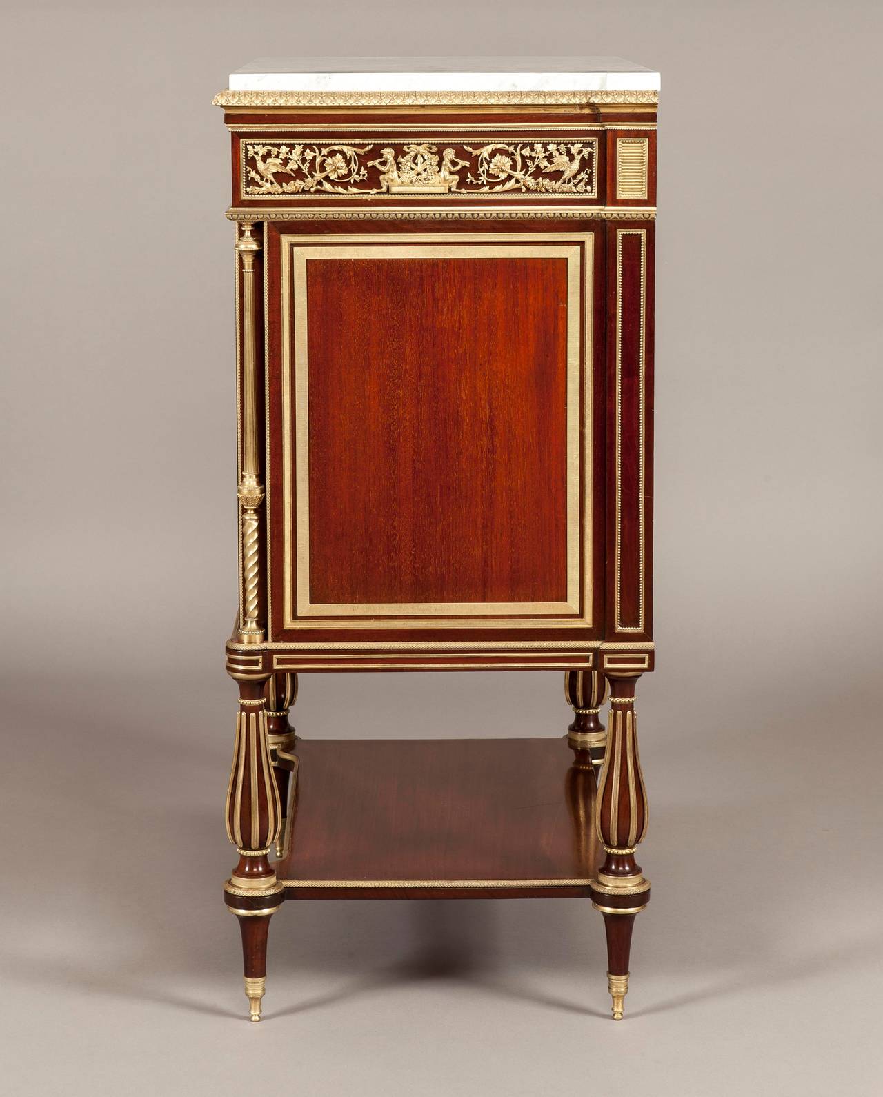 Louis XVI Pair of Mahogany, Gilt and Marble Topped Chest of Drawers in the French Style