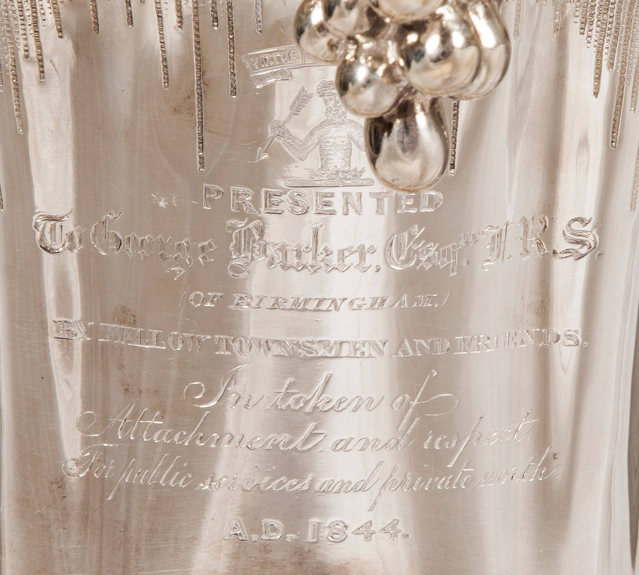 Fully Hallmarked, with assay marks for Birmingham 1844, with cartouches containing the makers marks, Elkington & Mason, and the head of the young Queen Victoria; of campana form rising from pleated serpentine bases, trimmed with pearls; the fluted