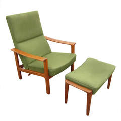 Danish Modern Teak and Tweed Reclining Lounge Chair and Ottoman