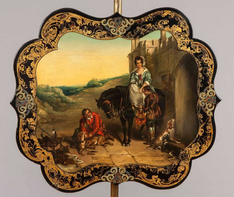 Chinoiserie Pair of English Decorative Pole Screens with Scenes of Landscapes For Sale